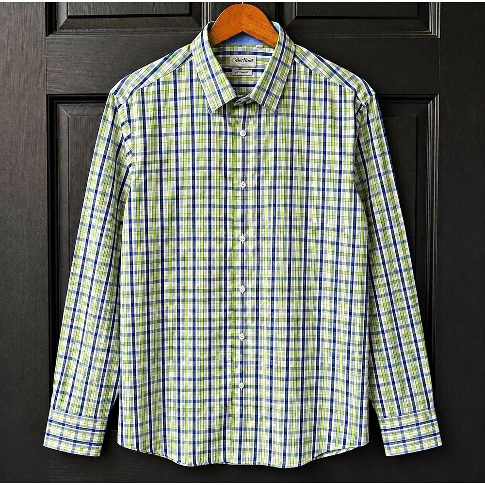 Berlioni Men's L Modern Fit Green/Blue/White Plaid Dress Shirt 16.5 34/35